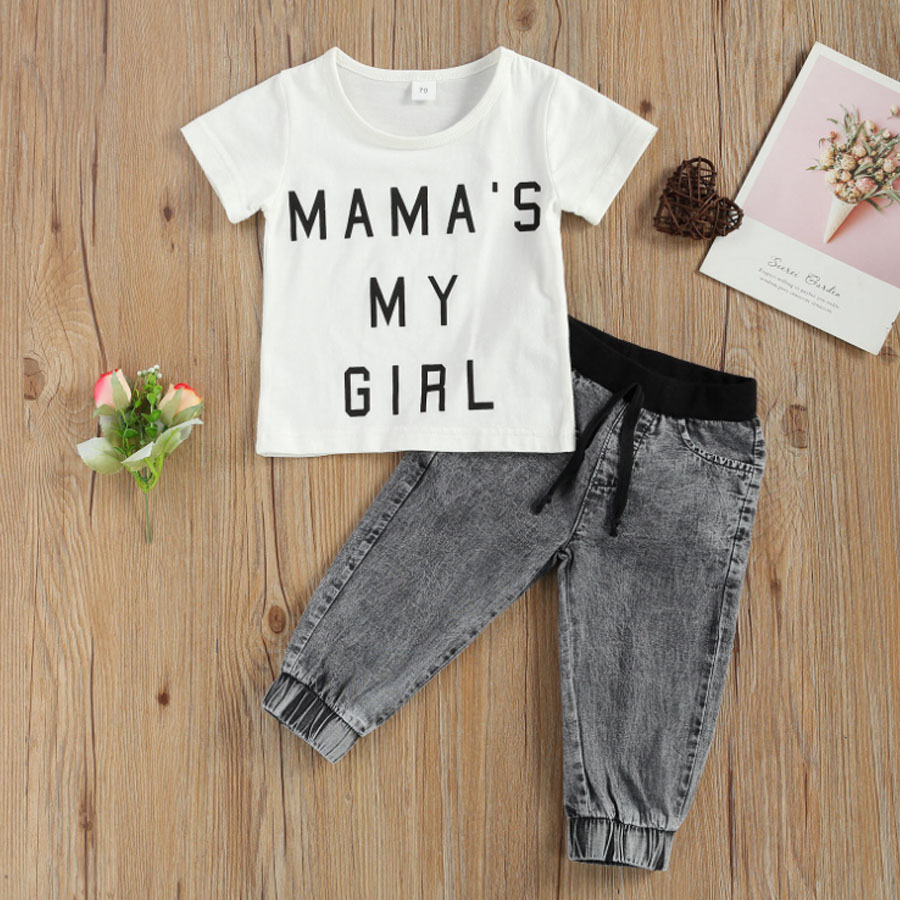 

LW COTTON Girl Casual Letter Print Drawstring White Two Piece Pants Set