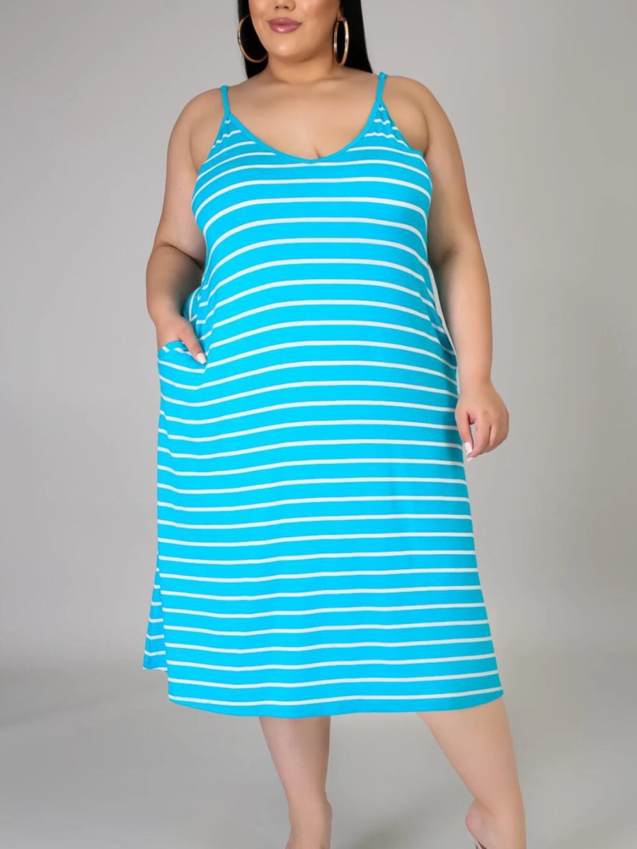 

LW BASICS Plus Size Casual Striped Pocket Design Baby Blue Mid Calf Dress