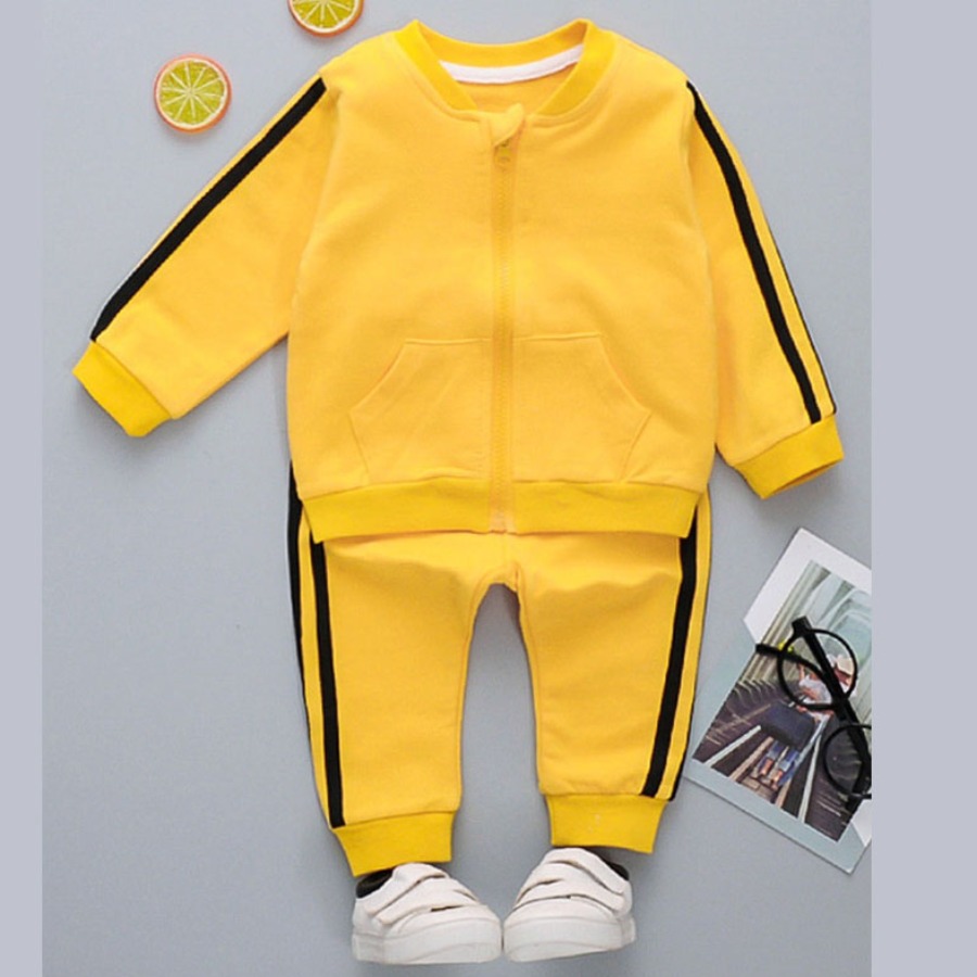 

Lovely Sporty Boy Striped Kangaroo Pocket Yellow Two Piece Pants Set