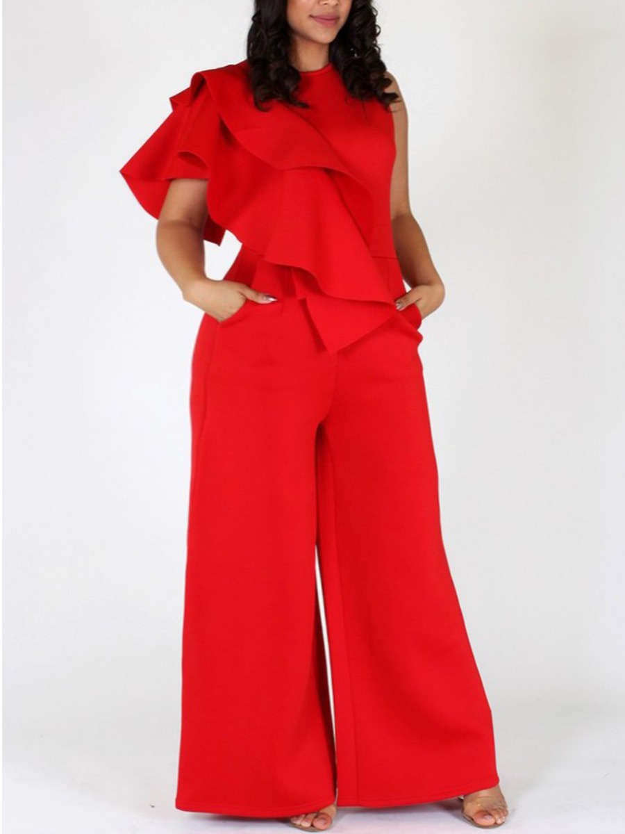 

Lovely Plus Size Elegant Round Neck Flounce Design Red One-piece Jumpsuit