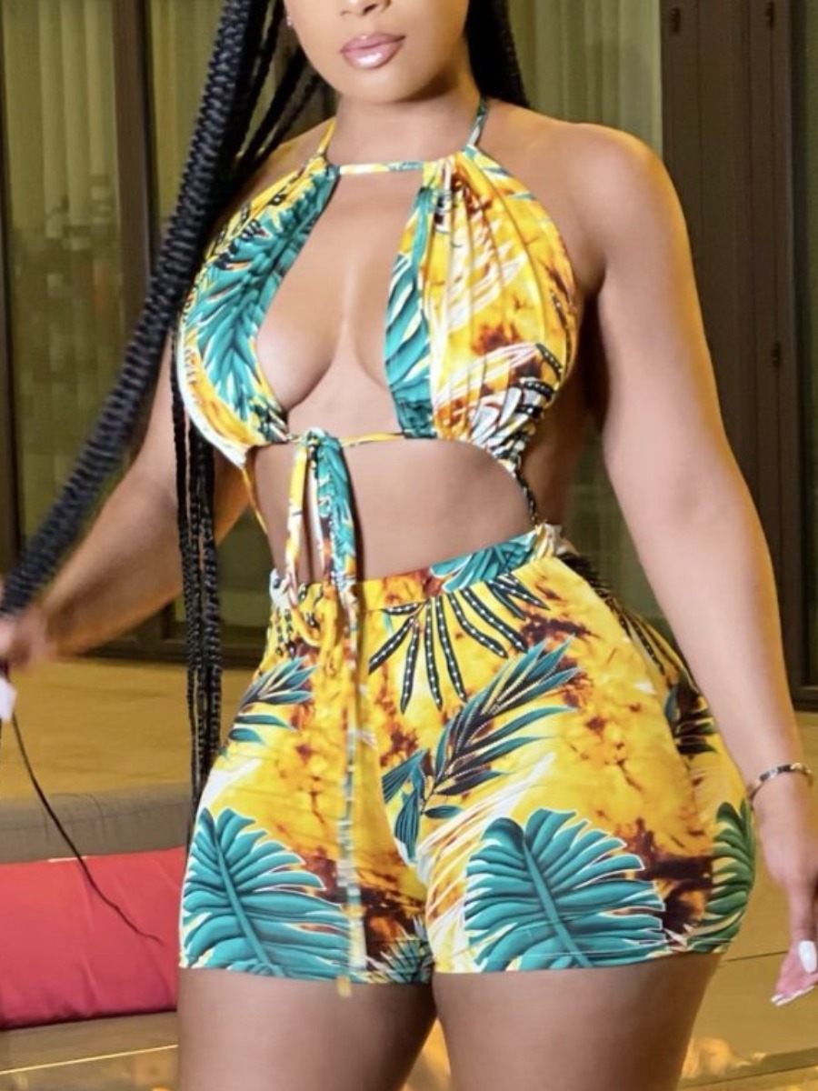 

LW Boho Floral Print Backless Bandage Design Yellow One-piece Romper