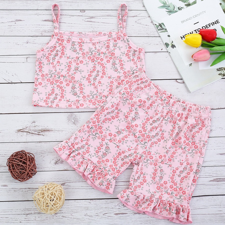 

Lovely Girl Sweet Floral Print Flounce Design Pink Two Piece Shorts Set