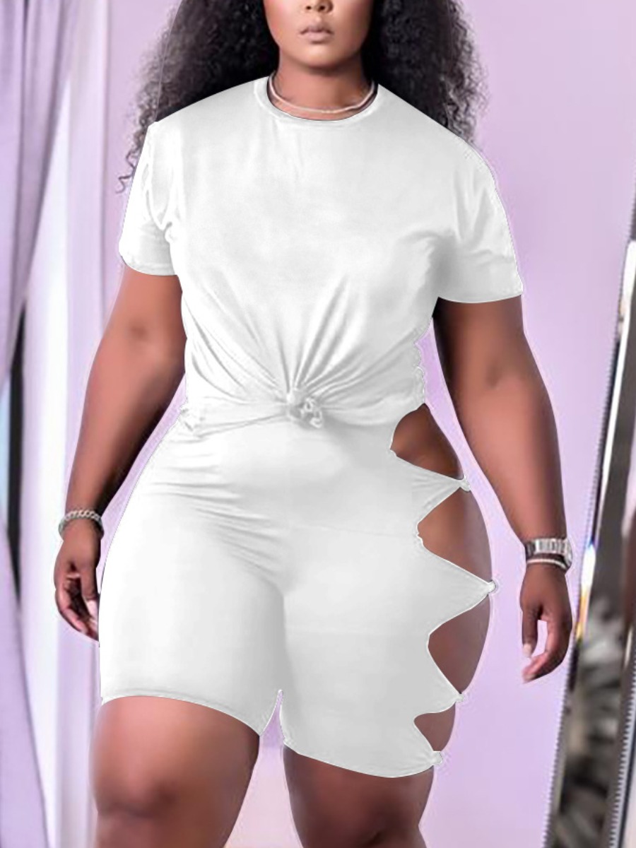 LW Street Round Neck Hollow-out White Two Piece Shorts Set