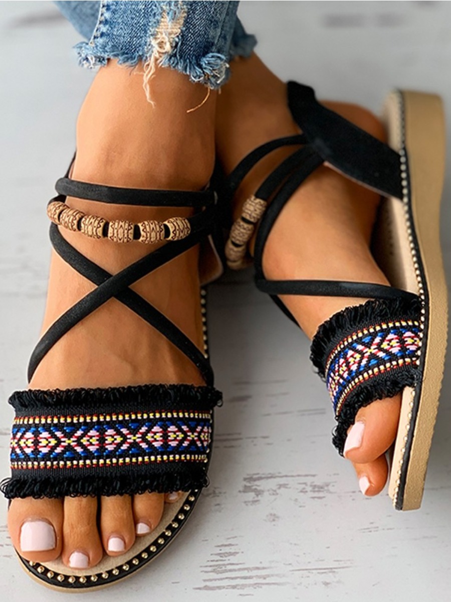 

Lovely Casual Strappy Geometric Decoration Black Sandals