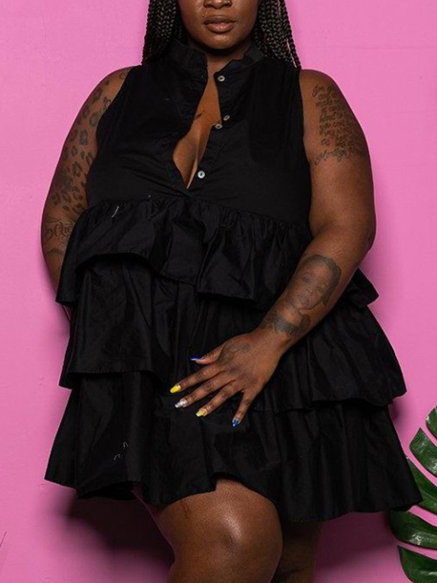 

Lovely Plus Size Street Layered Cascading Flounce Design Black Mini Dress