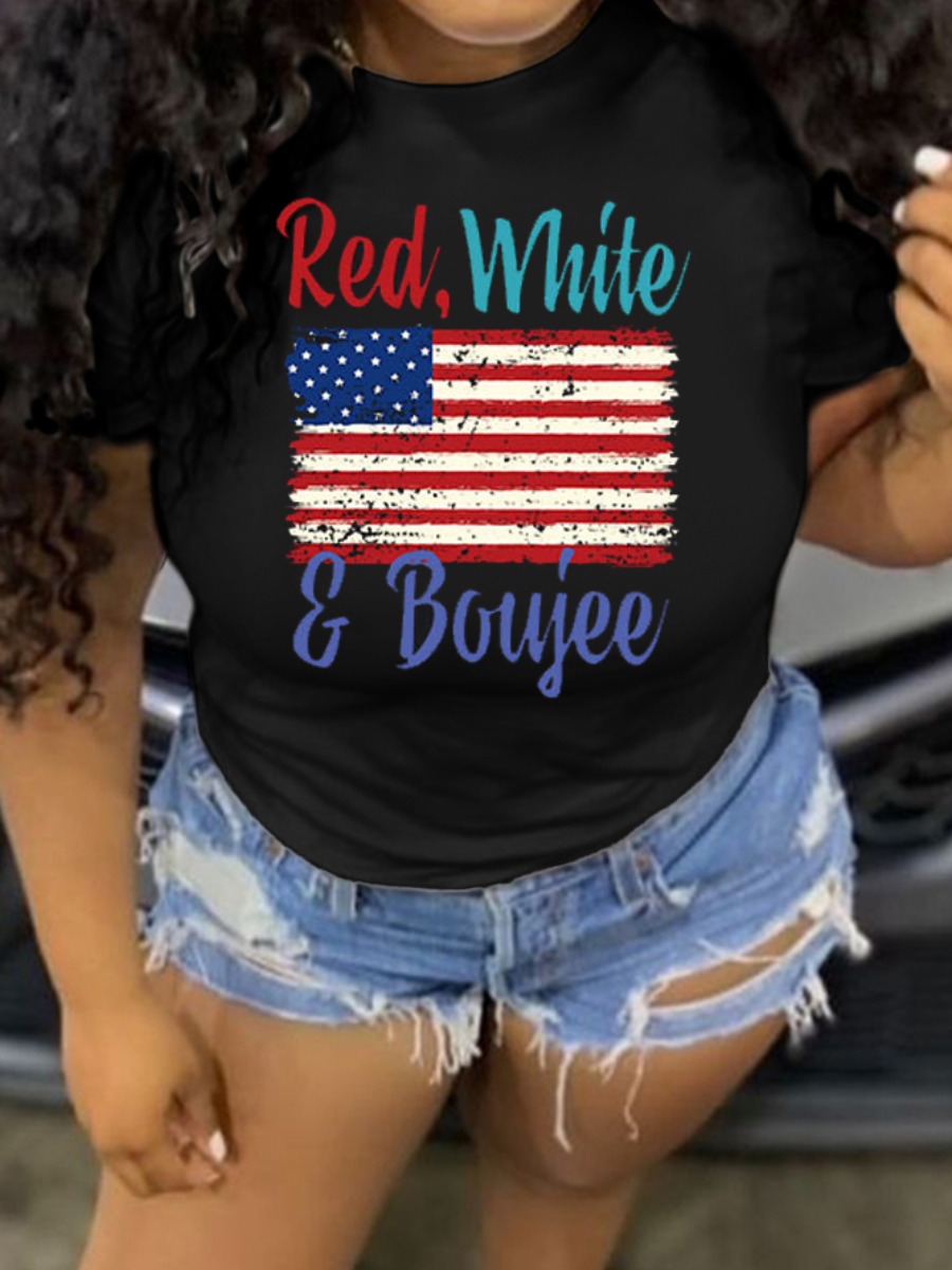 LW Casual American Flag Letter Print Black T-shirt