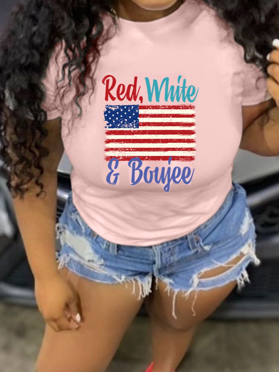 

LW Casual American Flag Letter Print Pink T-shirt