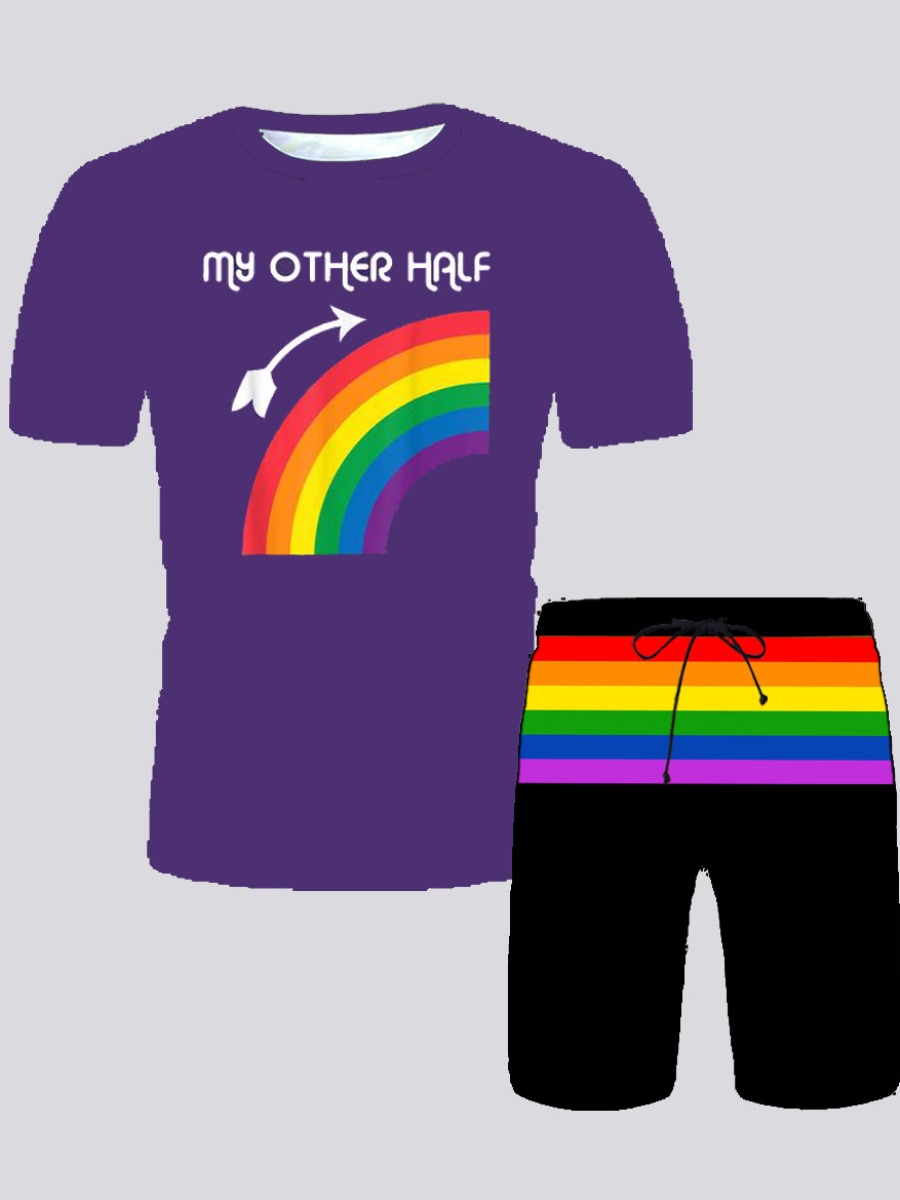 

Lovely Men Casual Rainbow Letter Print Drawstring Purple Two Piece Shorts Set