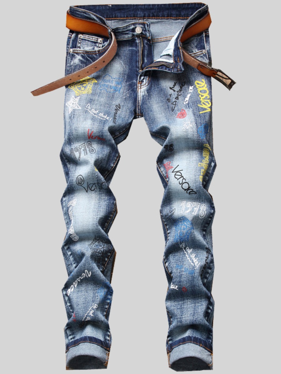 

Lovely Men Street Mid Waist Graffiti Print Blue Jeans