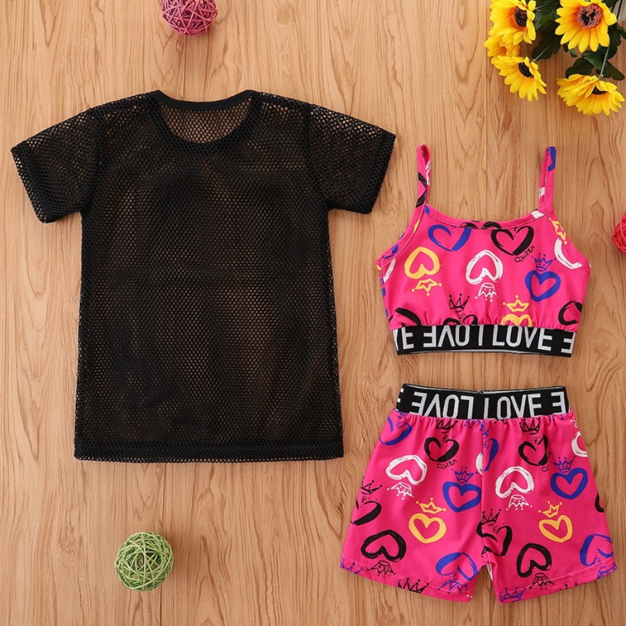 

LW Girl Sporty Letter Print Mesh Rose Red Three Piece Shorts Set
