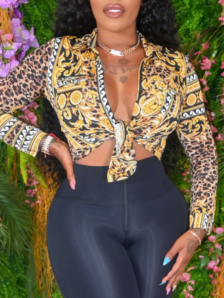 

Lovely Sweet Turndown Collar Leopard Print Blouse
