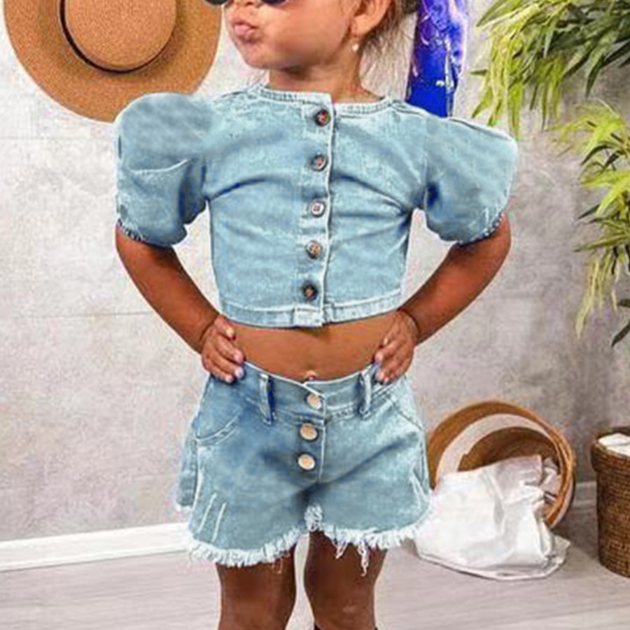 

Lovely Girl Raw Edge Ruffle Design Blue Two Piece Shorts Set
