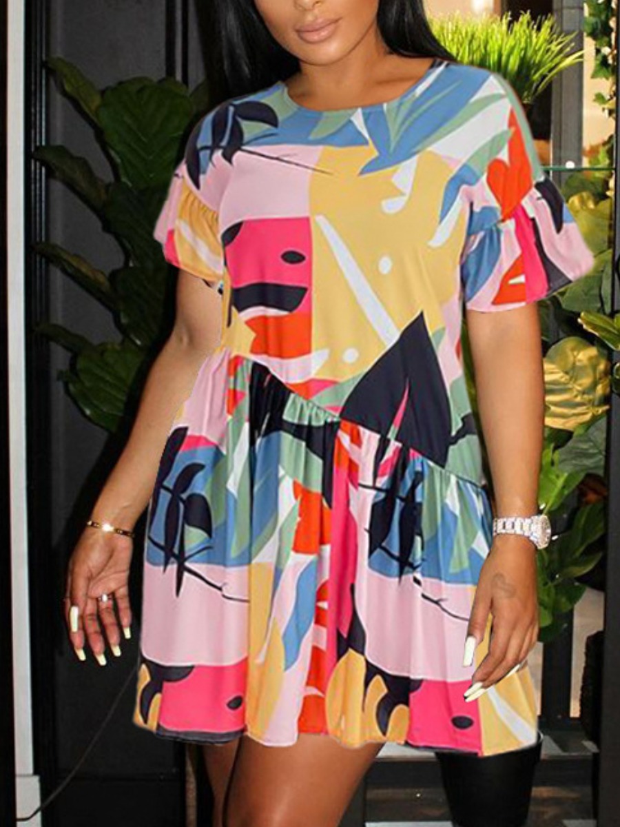 

LW Street Mixed Print Fold Design Pink Mini Dress