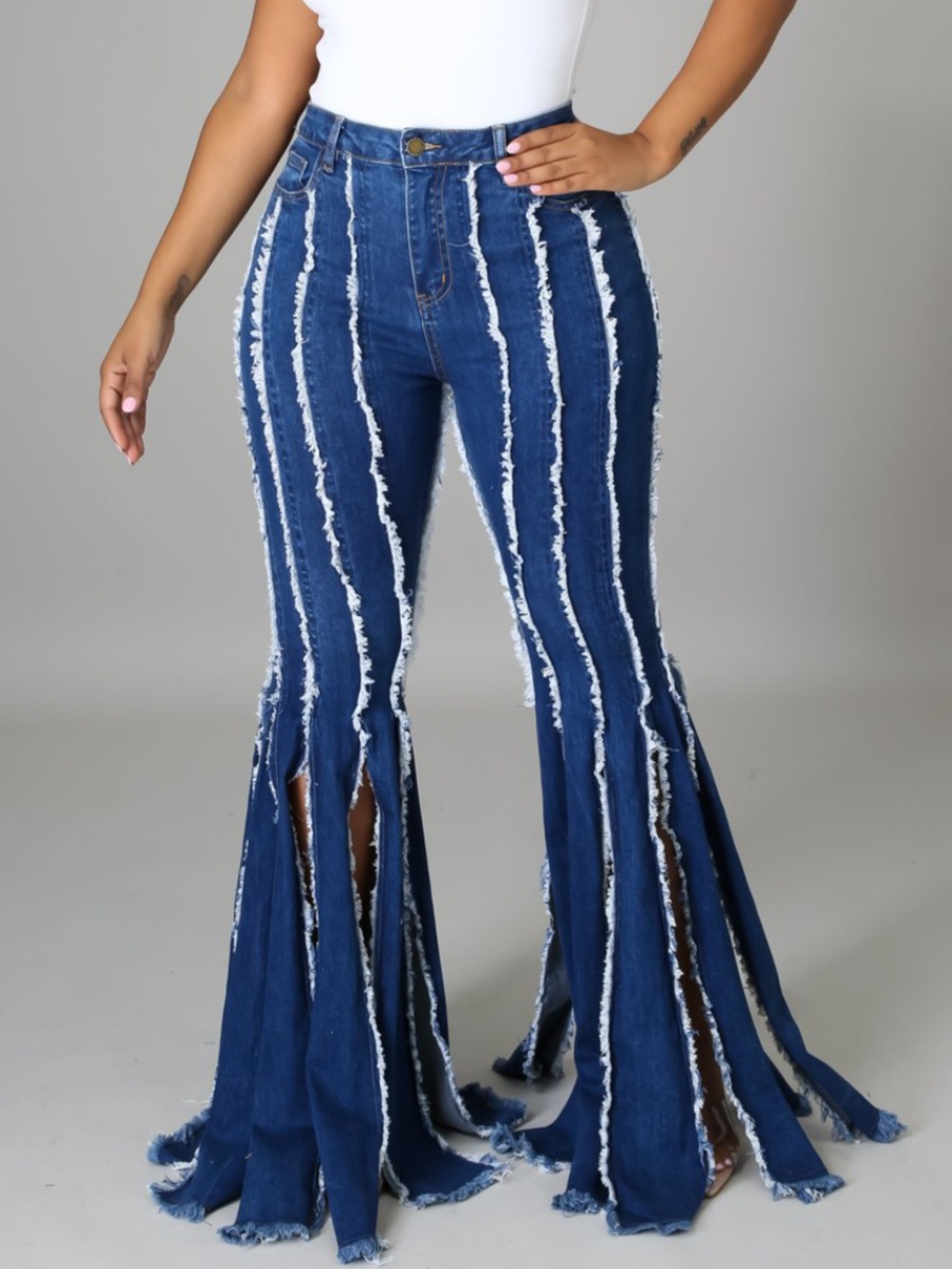 

LW Casual High-waisted Tassel Design Blue Jeans