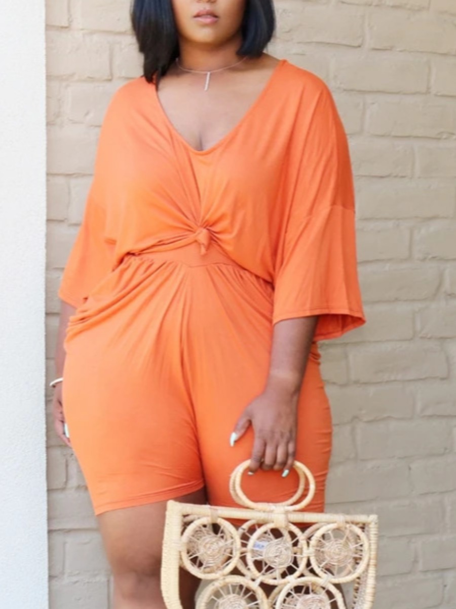 

Lovely Plus Size Casual Dropped Shoulder Elastic Orange Two-piece Shorts Set