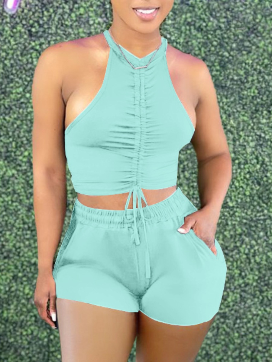 

LW Casual Round Neck Drawstring Cyan Two Piece Shorts Set