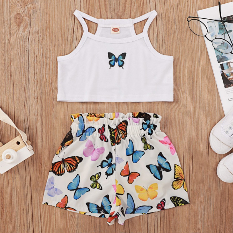 

Lovely Girl Casual Butterfly Print Hollow-out White Two Piece Shorts Set