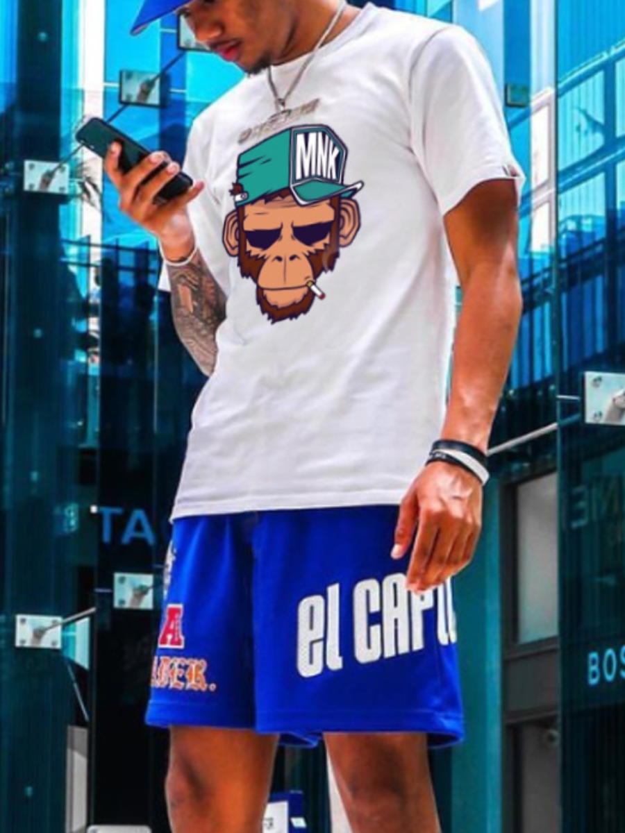 

Lovely Men Casual Round Neck Cartoon Print Blue Two Piece Shorts Set