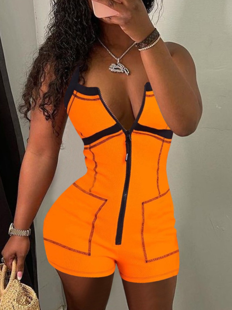 

Lovely Street Striped Zipper Design Orange One-piece Romper