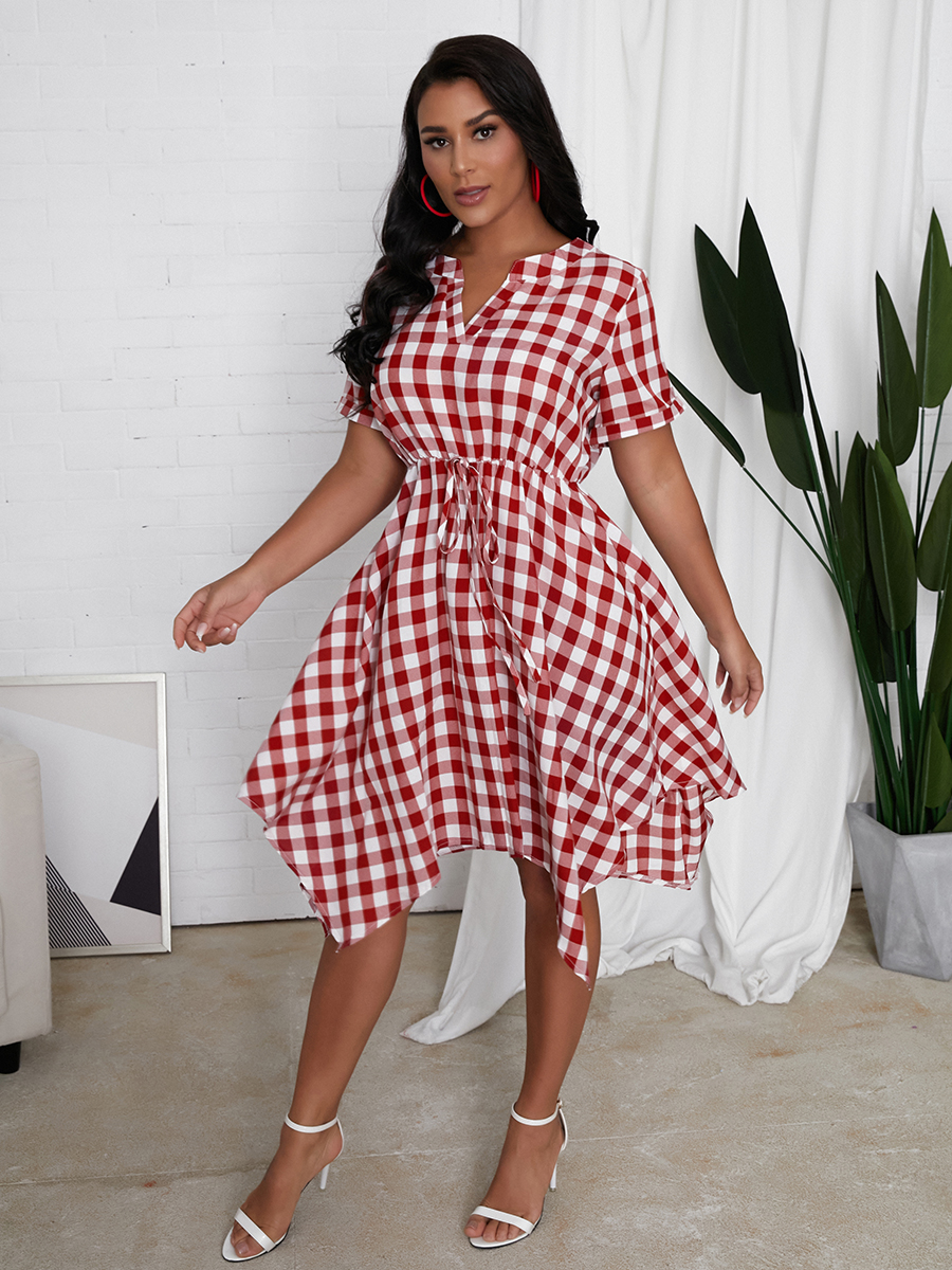 

Lovely Casual V Neck Plaid Print Red And White Knee Length Asymmetrical Dress, Red and white square