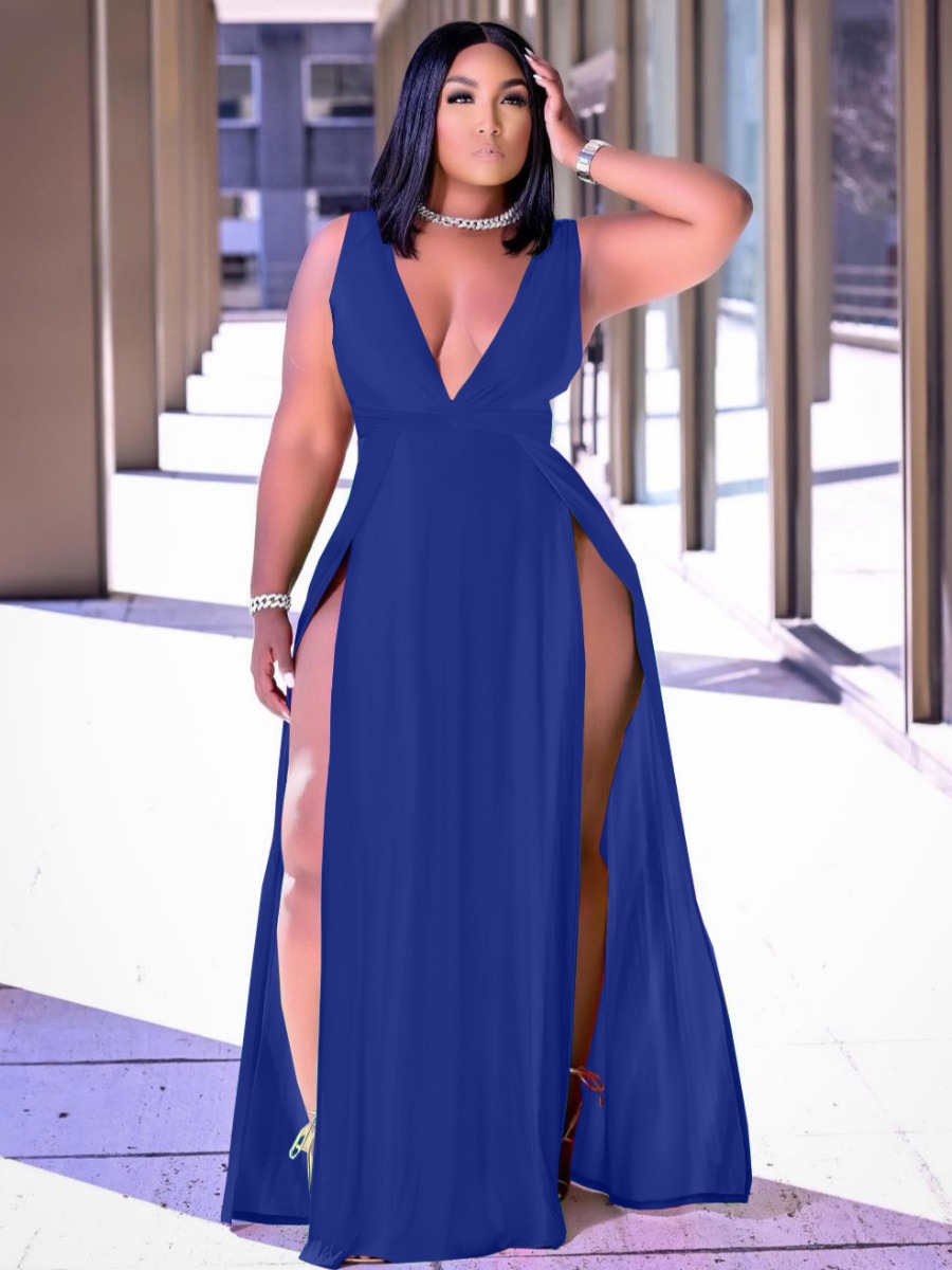 LW Plus Size Street V Neck Split Blue Floor Length Dress