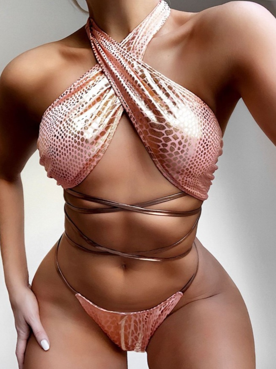 

Lovely Boho Cobra Print Bandage Design Light Pink Two-piece Swimsuit