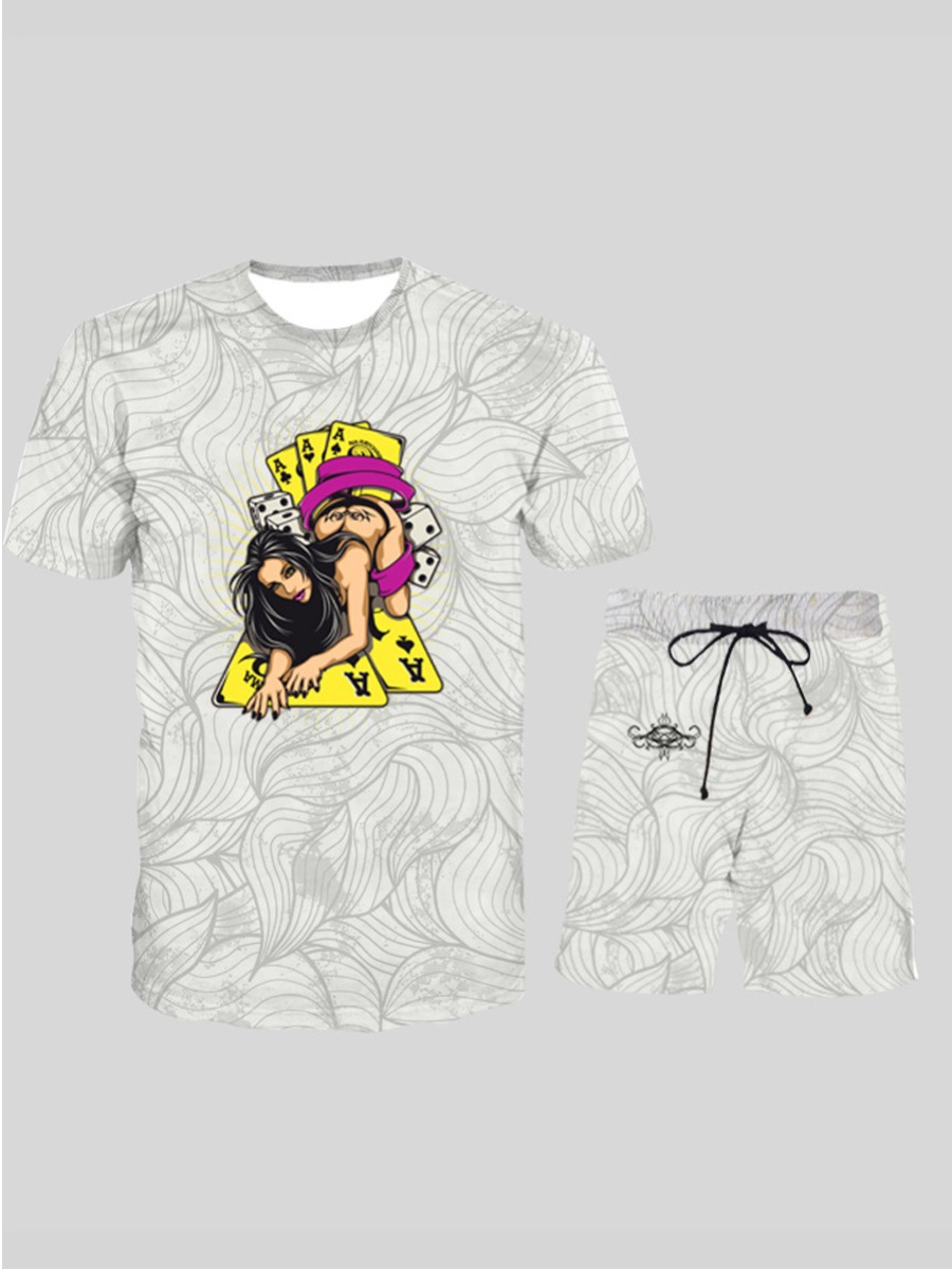 

Lovely Men Casual Floral Print Drawstring White Two Piece Shorts Set