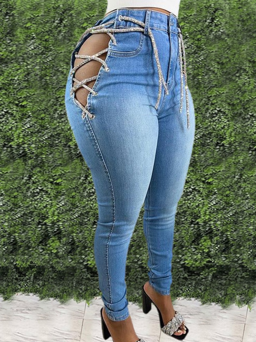 

Lovely Sexy Mid Waist Hollow-out Baby Blue Jeans