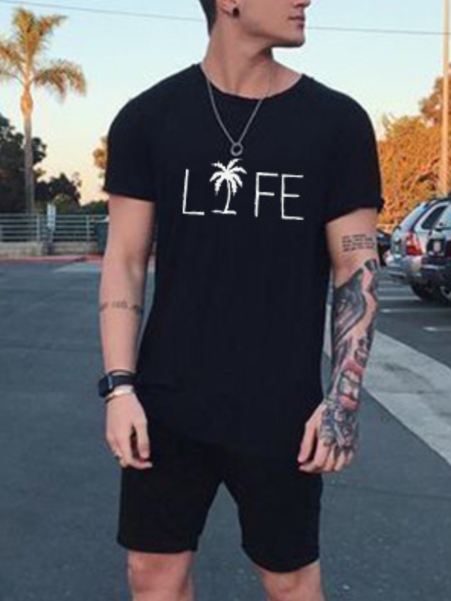 

Lovely Men Casual Letter Print Drawstring Black Two Piece Shorts Set