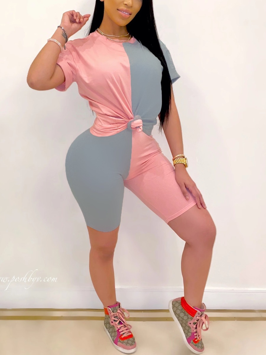 

Lovely Casual O Neck Patchwork Pink Two-piece Shorts Set