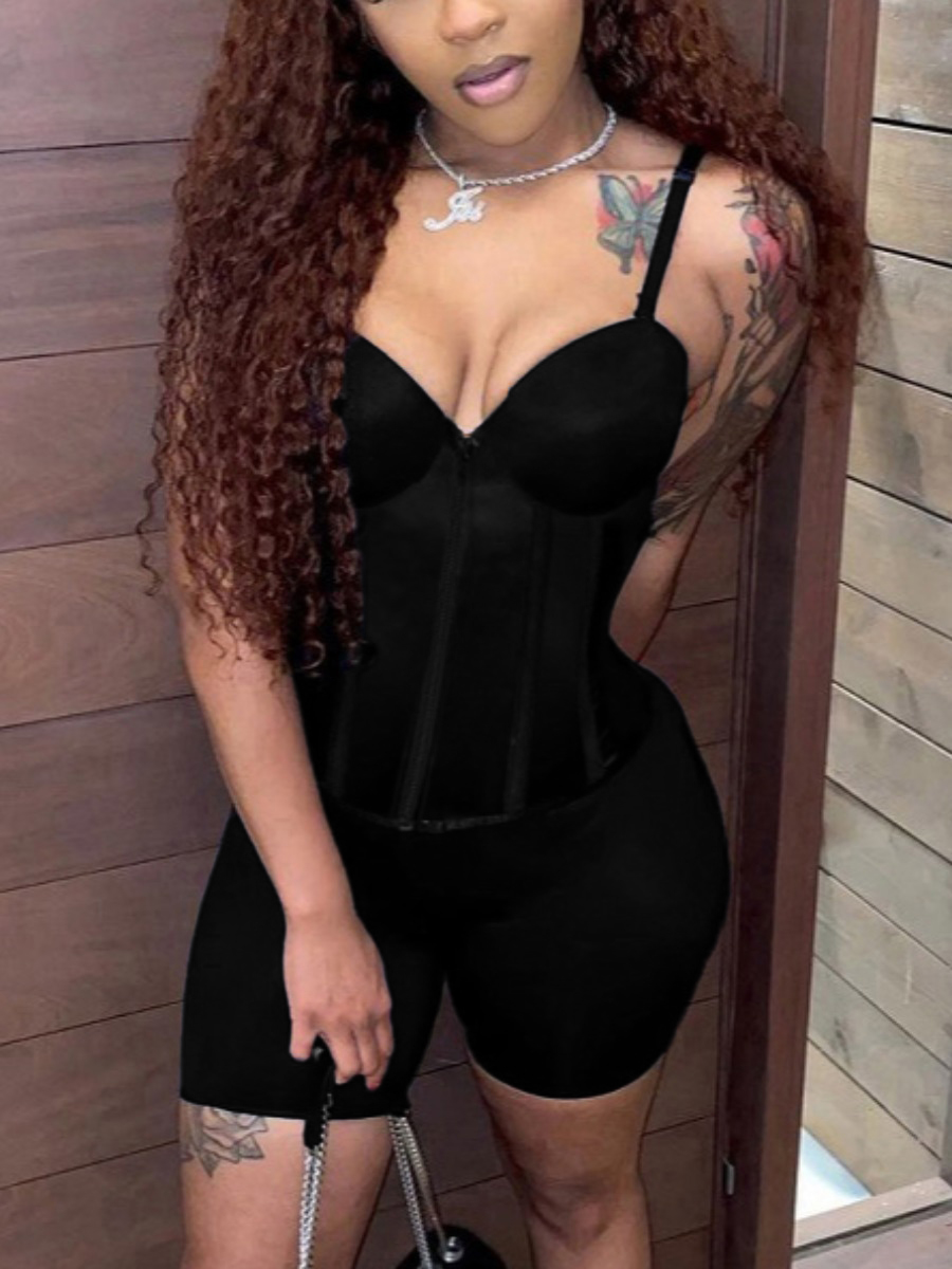

Lovely Sexy Spaghetti Strap Zipper Design Black Two Piece Shorts Set