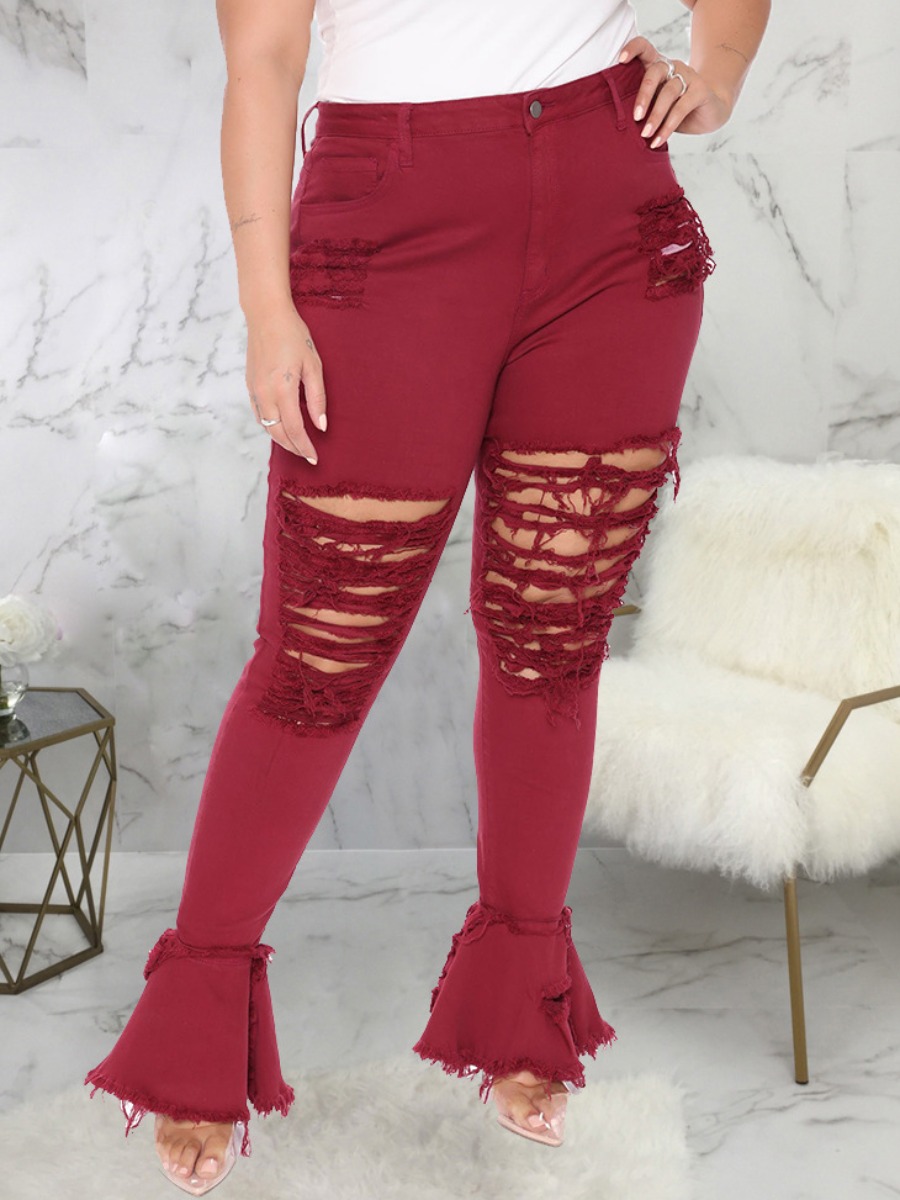 

LW Plus Size Street High-waisted Broken Holes Red Jeans