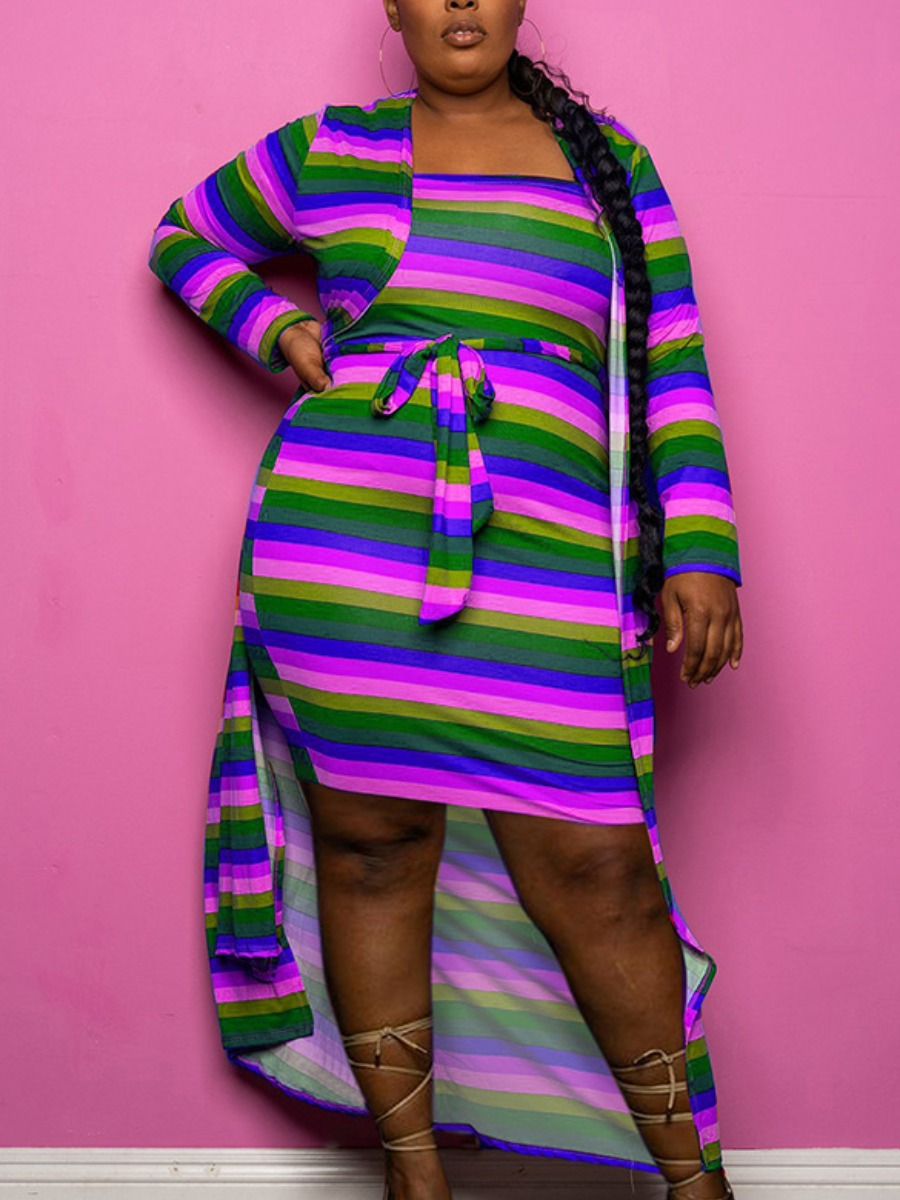 

Lovely Plus Size Casual Striped Bandage Design Purple Two-piece Skirt Set