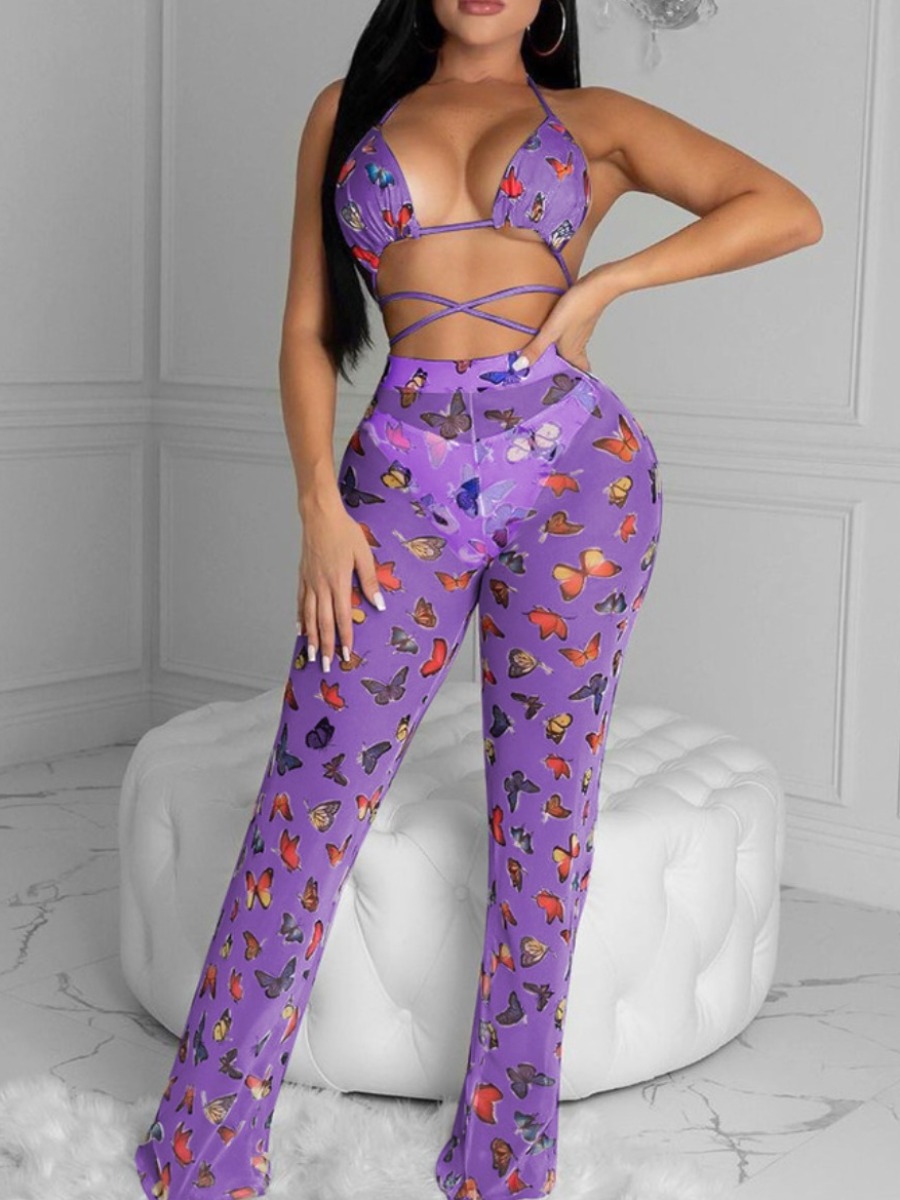 

Lovely Boho Butterfly Print Drawstring Purple Two-piece Swimsuit