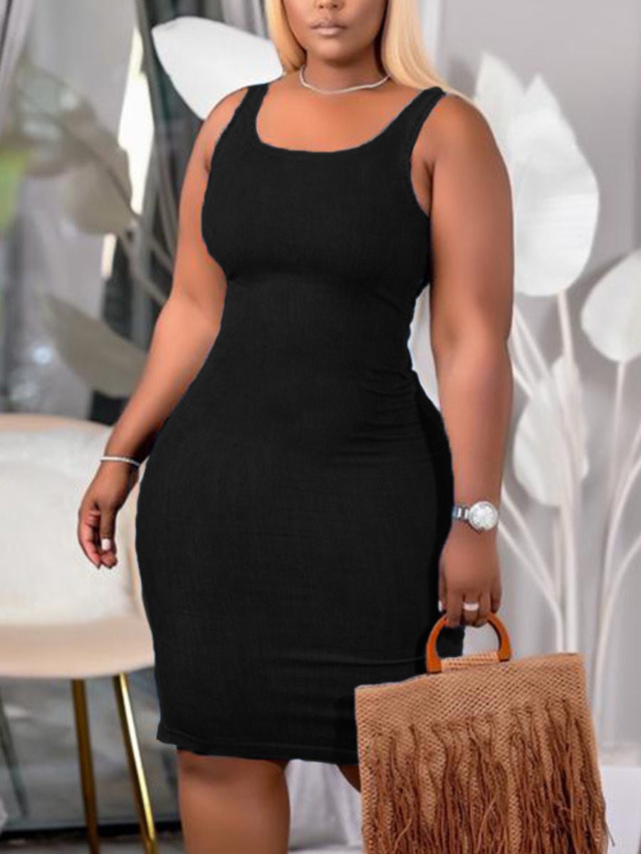 

Lovely Plus Size Casual U Neck Solid Black Knee Length Dress