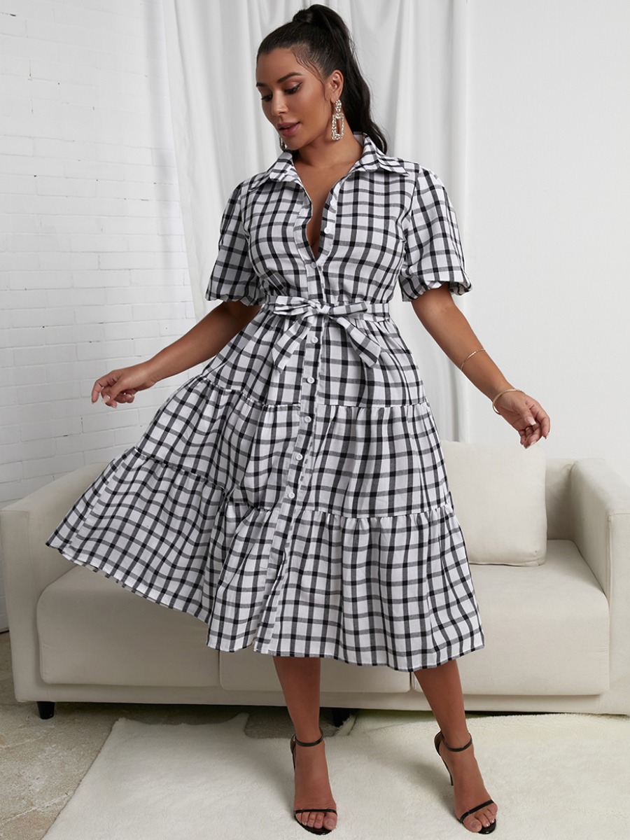 

Lovely Casual Plaid Print Flounce Design Black & White Tartan Plaid Knee Length Dress