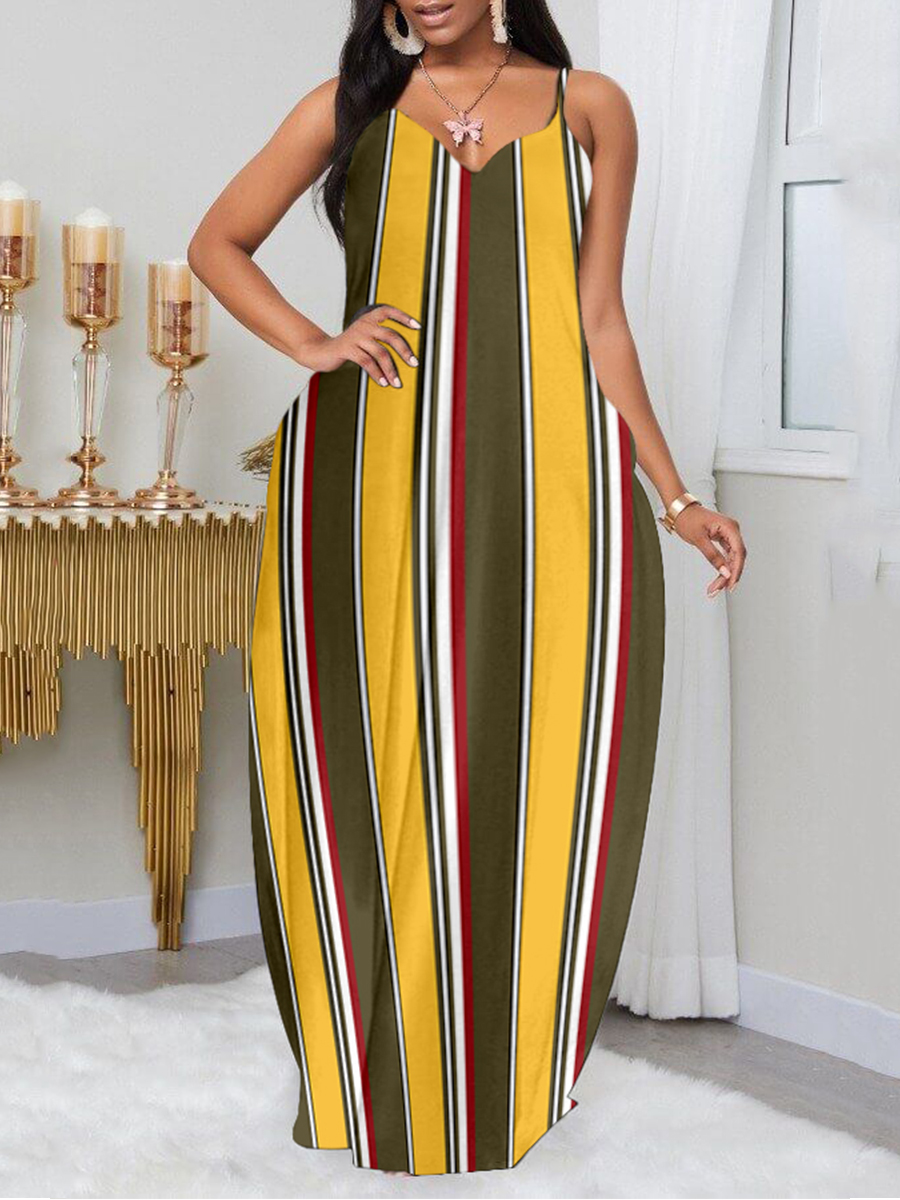 

Lovely Casual Striped Patchwork Yellow Floor Length Dress