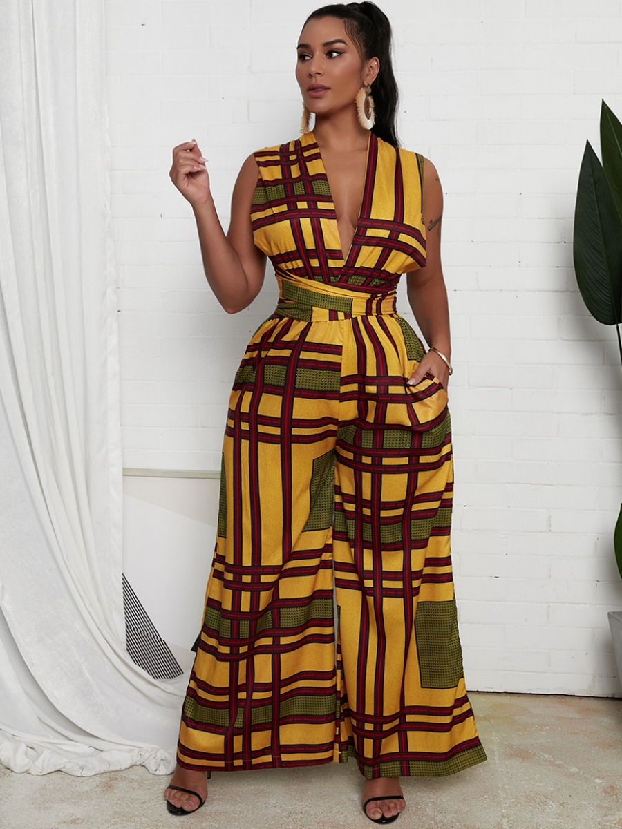 

Lovely Boho Plaid Print Bandage Design Yellow One-piece Jumpsuit