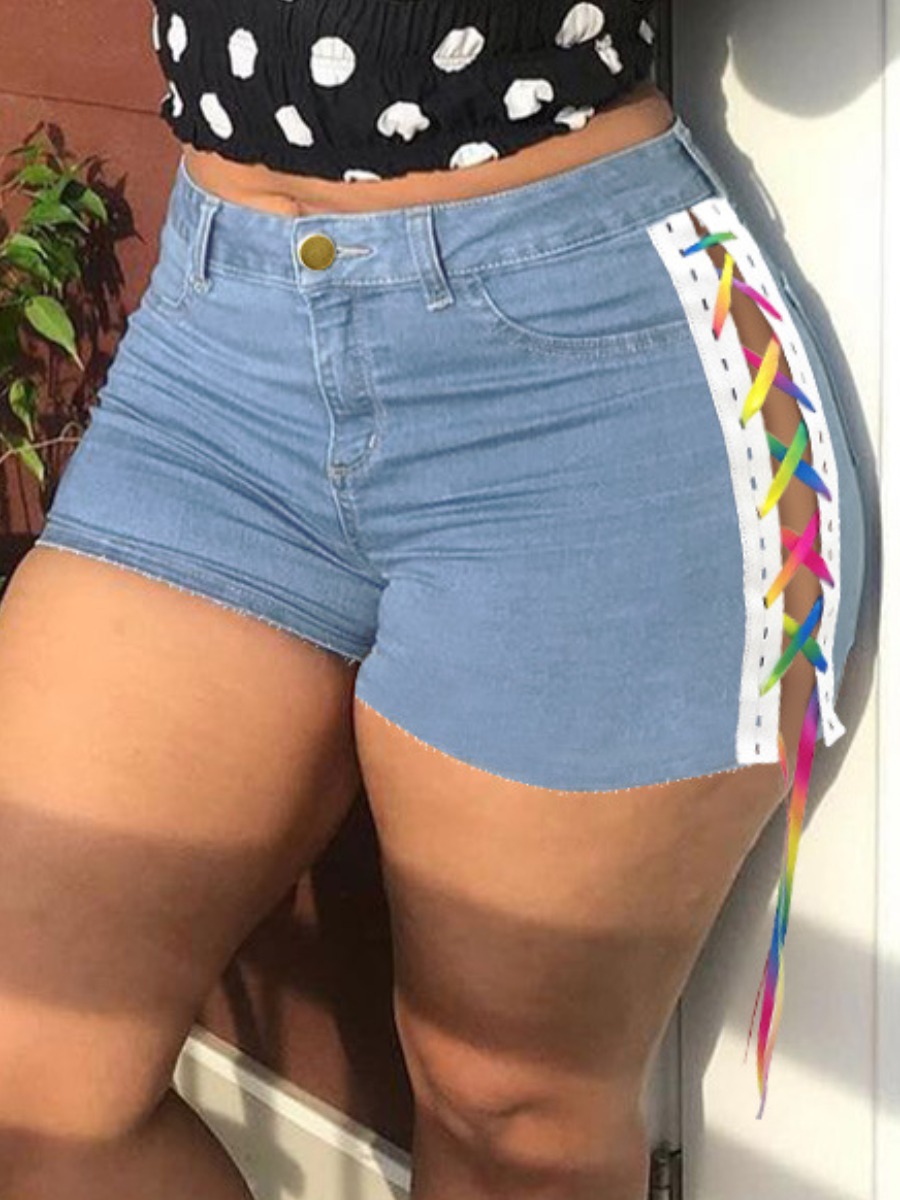 

LW Street Mid Waist Bandage Design Baby Blue Shorts