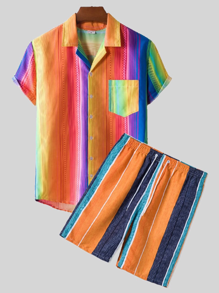 

Lovely Men Casual Turndown Collar Patchwork Multicolor Two Piece Shorts Set, Multi