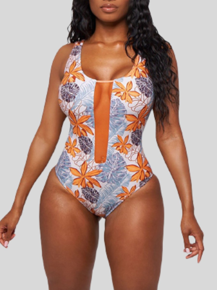 

Lovely Floral Print Backless Orange One-piece Swimsuit