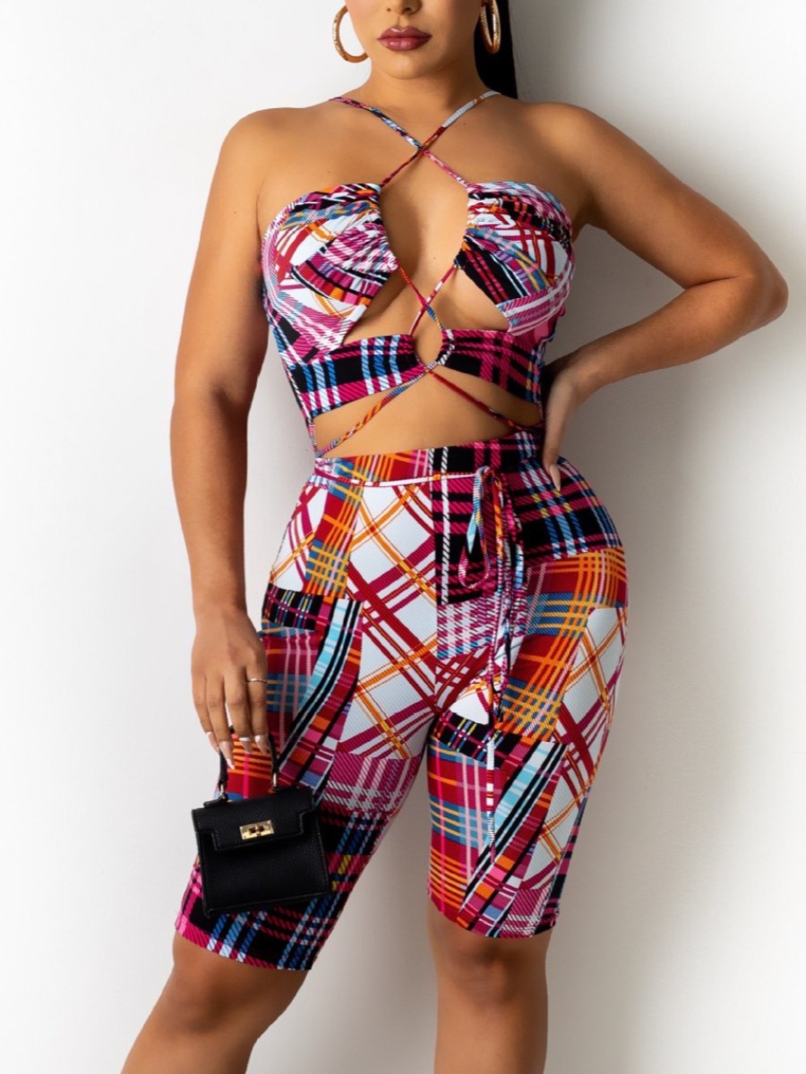 

LW SXY Plaid Print Bandage Hollow-out Design Red One-piece Romper