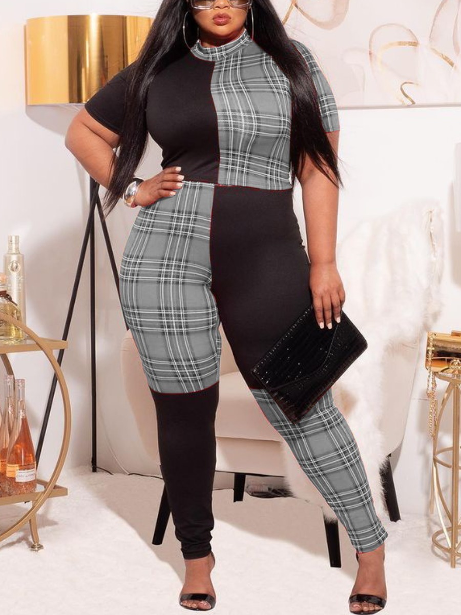 

Lovely Plus Size Street Plaid Print Patchwork Grey One-piece Jumpsuit
