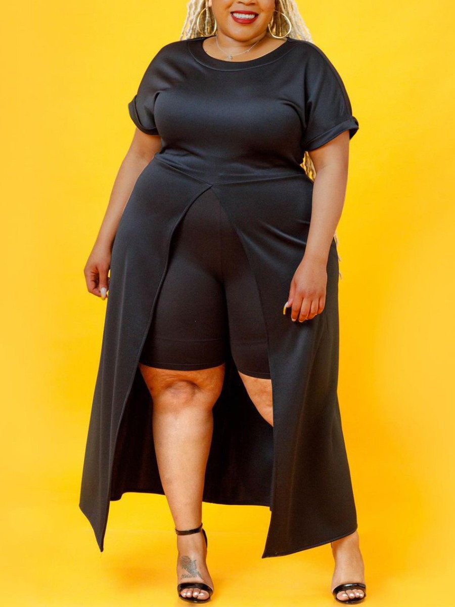 

Lovely Plus Size Casual Round Neck Split Black Two-piece Shorts Set