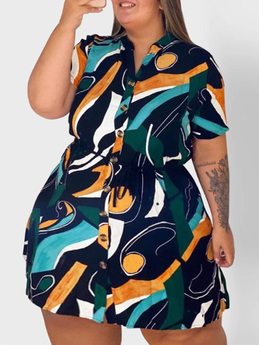 

Lovely Plus Size Casual Turndown Collar Mixed Print Multicolor Mini Dress, Multi
