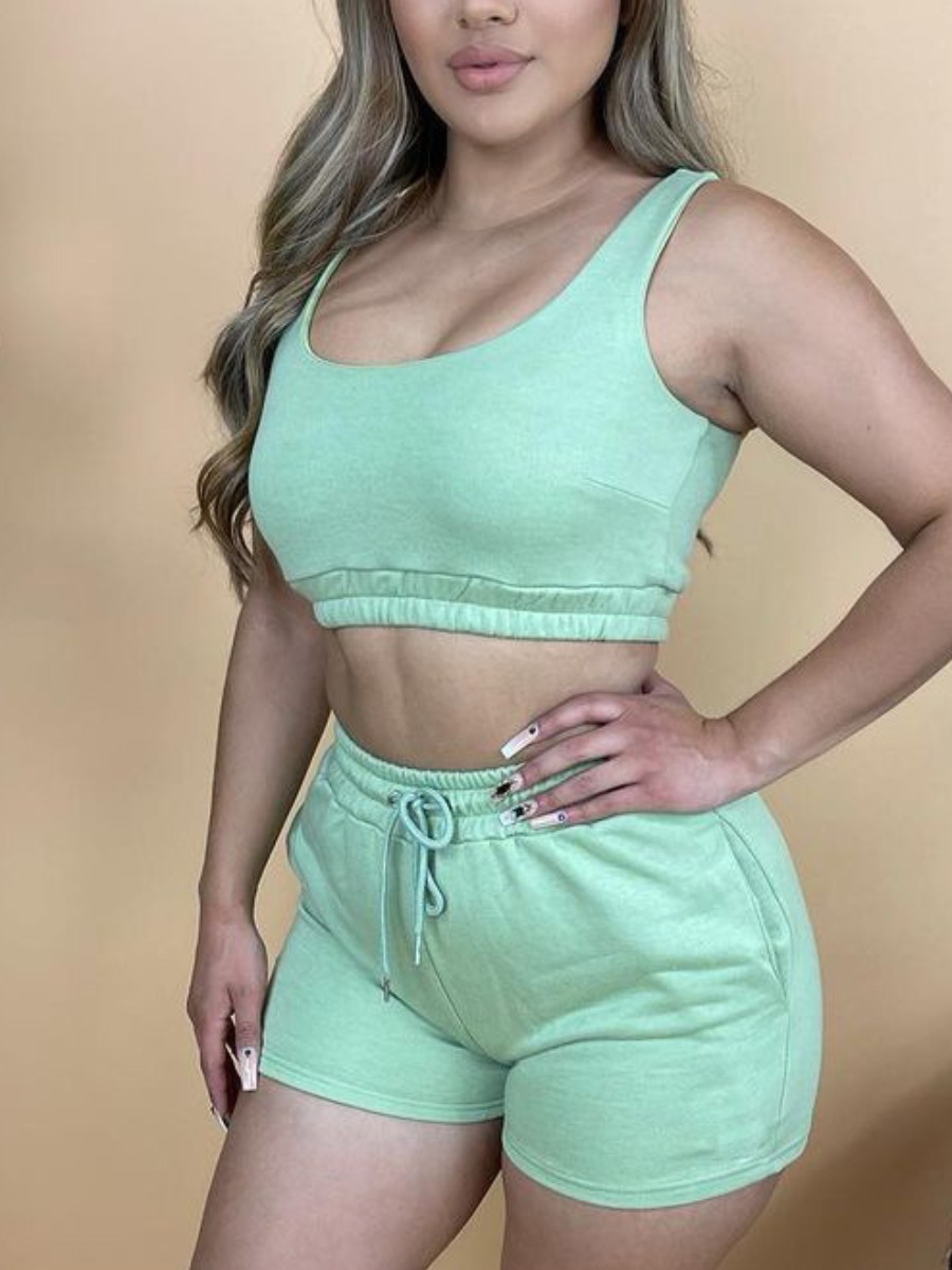 

Lovely Sporty U Neck Drawstring Green Two Piece Shorts Set