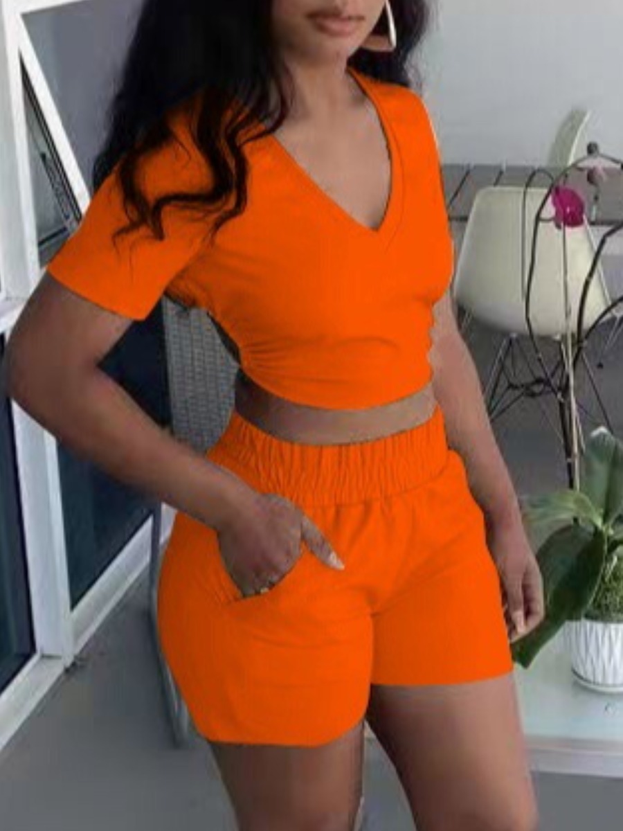 

LW Casual V Neck Drawstring Jacinth Two Piece Shorts Set
