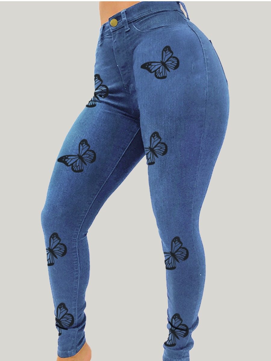 

Lovely Street High-waisted Butterfly Print Blue Jeans