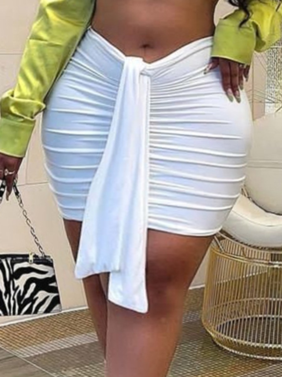 

Lovely Plus Size Street Fold Bandage Design White Mini Skirts