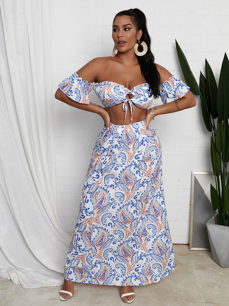 

Lovely Boho Off The Shoulder Print Blue Two Piece Skirt Set